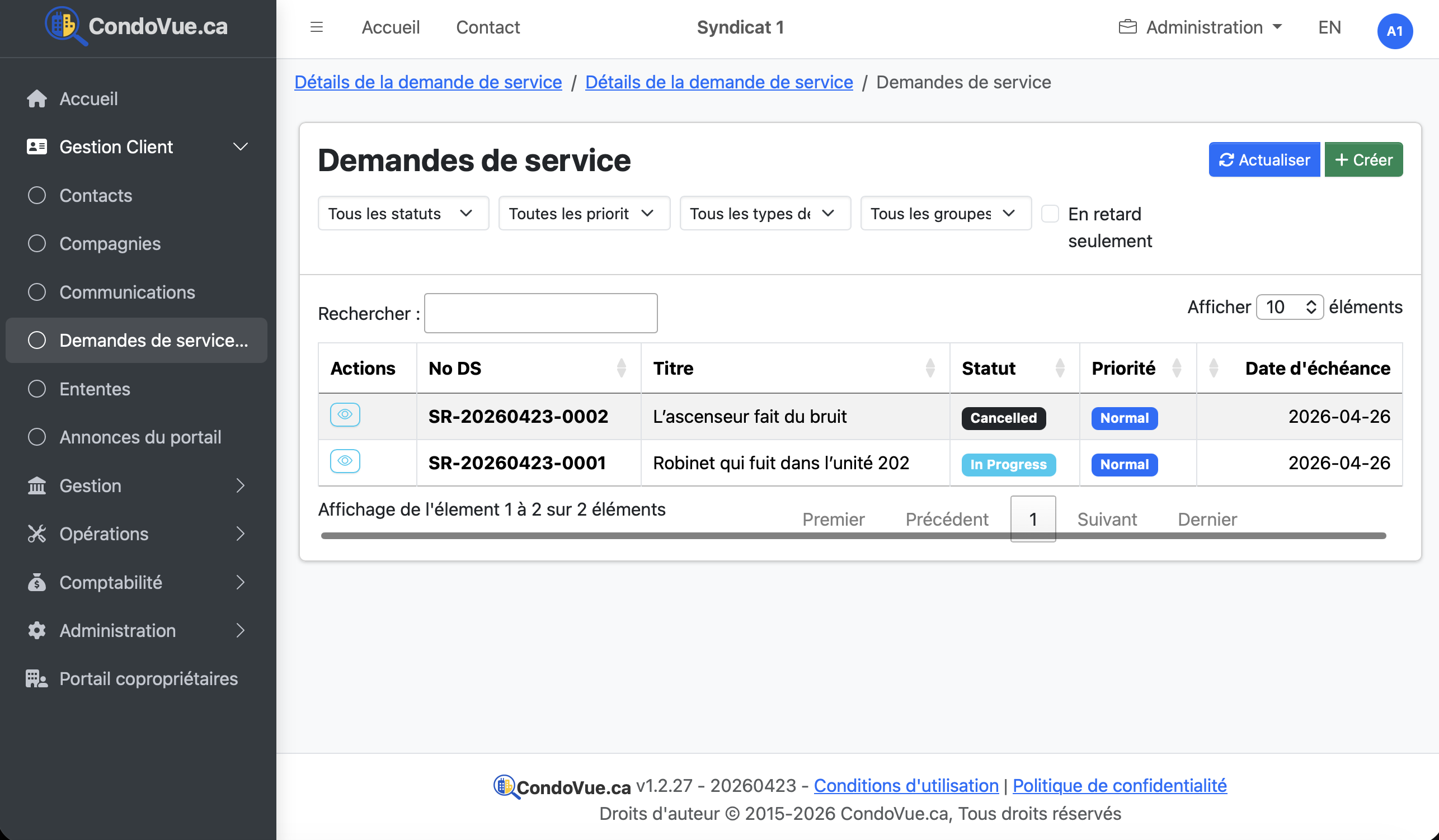 Demandes de service